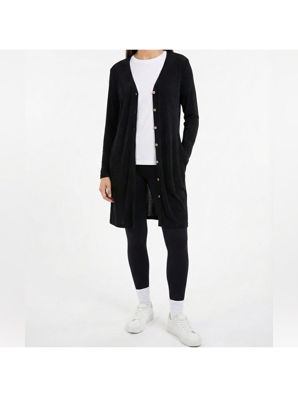 MARALLIS COLLECTION Jersey Knit Black Long Line Button Front Cardigan US Sz L